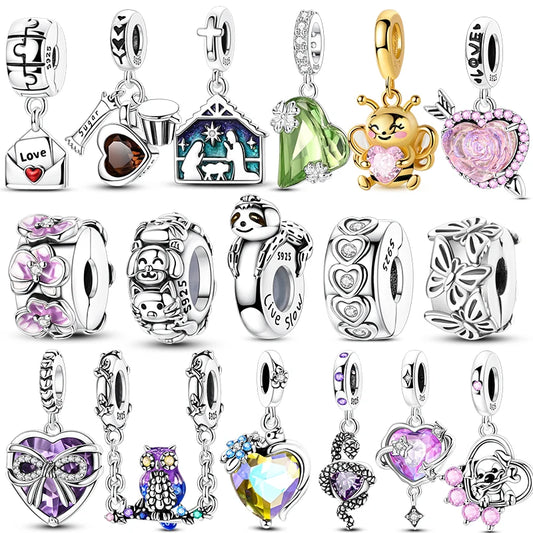 Silver 925 Charm Bead Rose Heart Pandent Butterfly Orchid Clasp Clip