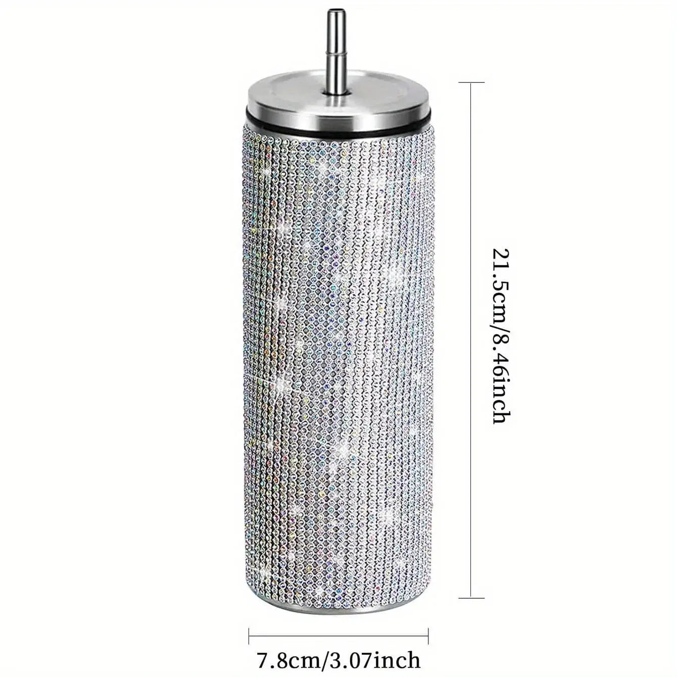 Decorative bottle with rhinestone embellishments and dimensions on a white background