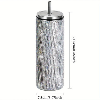 Decorative bottle with rhinestone embellishments and dimensions on a white background