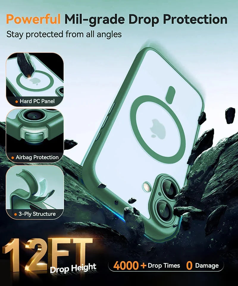 Phone case with drop protection features and durability testing on a rocky background