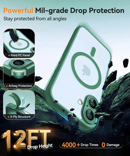 Phone case with drop protection features and durability testing on a rocky background