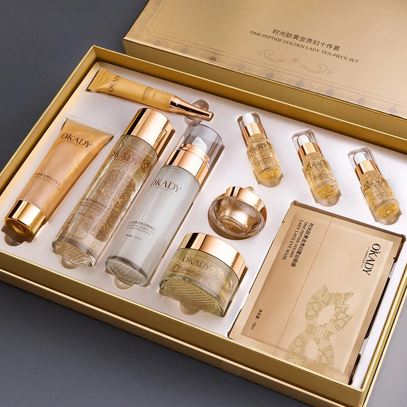 Oppe Time Peptide Gold Lady 10 Piece Set Hydrating Skin Care Set Box Moisturizing Repair Cosmetics Brightening Skin Nourishing Skin Unisex Sensitive Skin Suitable Deep Hydrating Gift Box Pure Ember