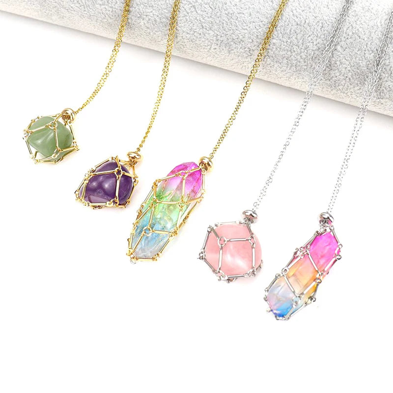 Colorful crystal pendant necklaces on a white background