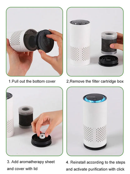 Step-by-step guide on how to use an air purifier with images of hands performing actions.