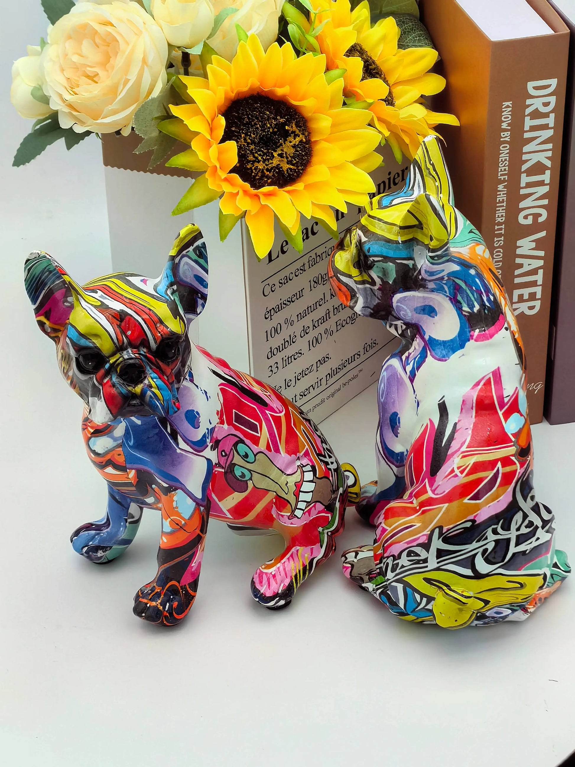 Colorful bulldog figurines with sunflowers and a book in the background frenchie french bulldog