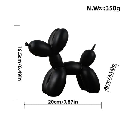 Black balloon dog sculpture with measurements on a white background