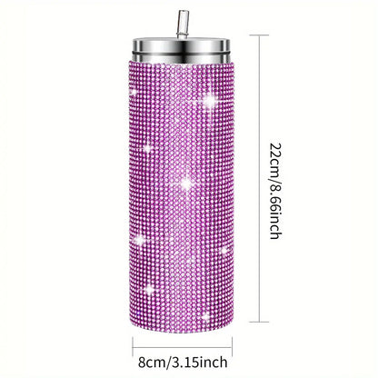 Pink blinged-out tumbler with dimensions on a white background