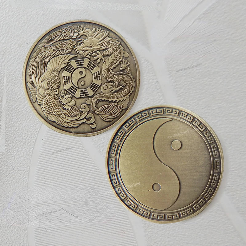 Chinese Coins Dragon Phoenix for Luck Commemorative Metal Craft Embossed Collectible Coins Pure Ember