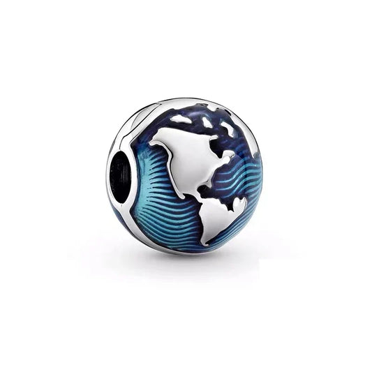 world globe Silver charm with dolphin design on a white background