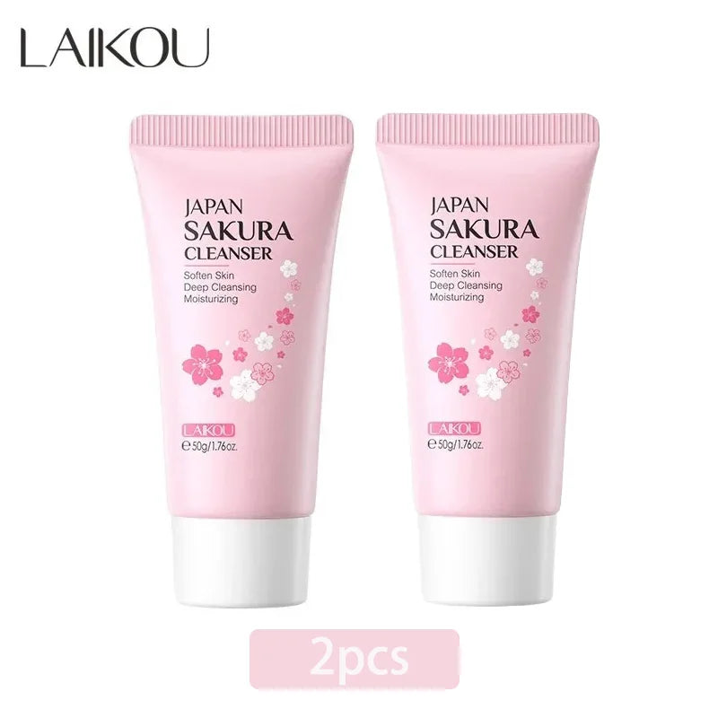 Two pink tubes of LAIKOU Japan Sakura Cleanser on a white background