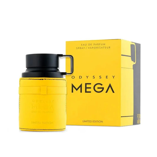 Yellow and black Odyssey Mega perfume bottle and packaging on a white background