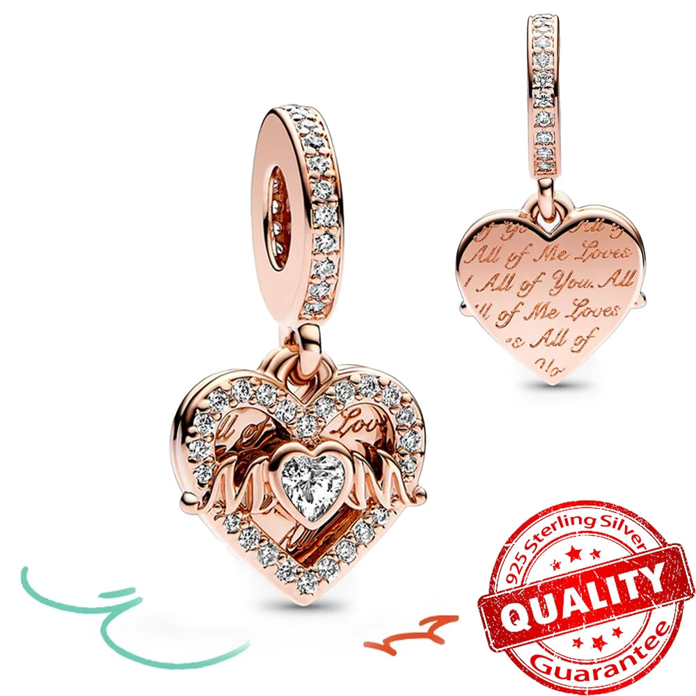 Sparkling Rose Gold Pavé Triple-row Beads Pink Gem Entwined Hearts Charm Fits Brand Bracelet Pure Ember