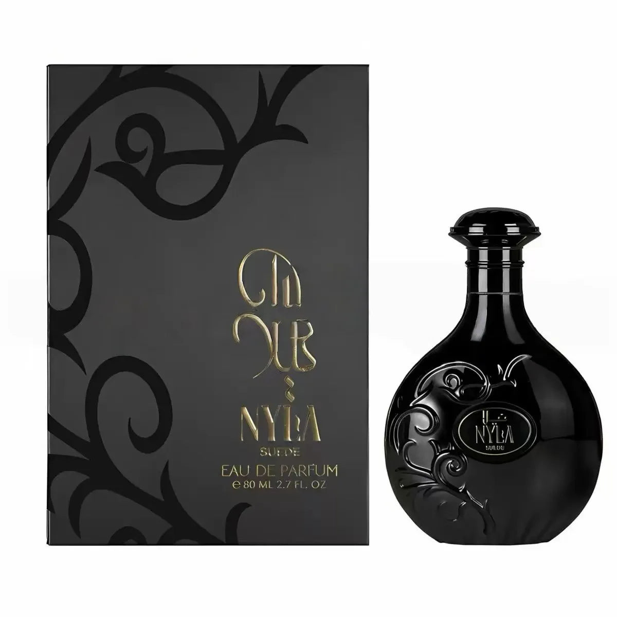 Black perfume bottle and packaging with intricate design on a white background