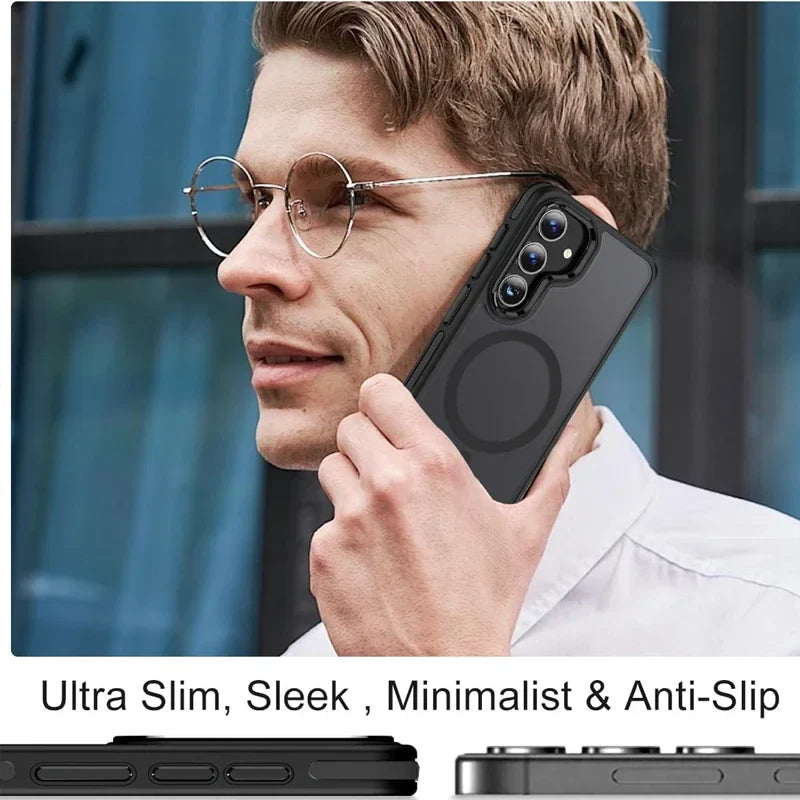 Man holding a black phone case with text 'Ultra Slim, Sleek, Minimalist & Anti-Slip'.