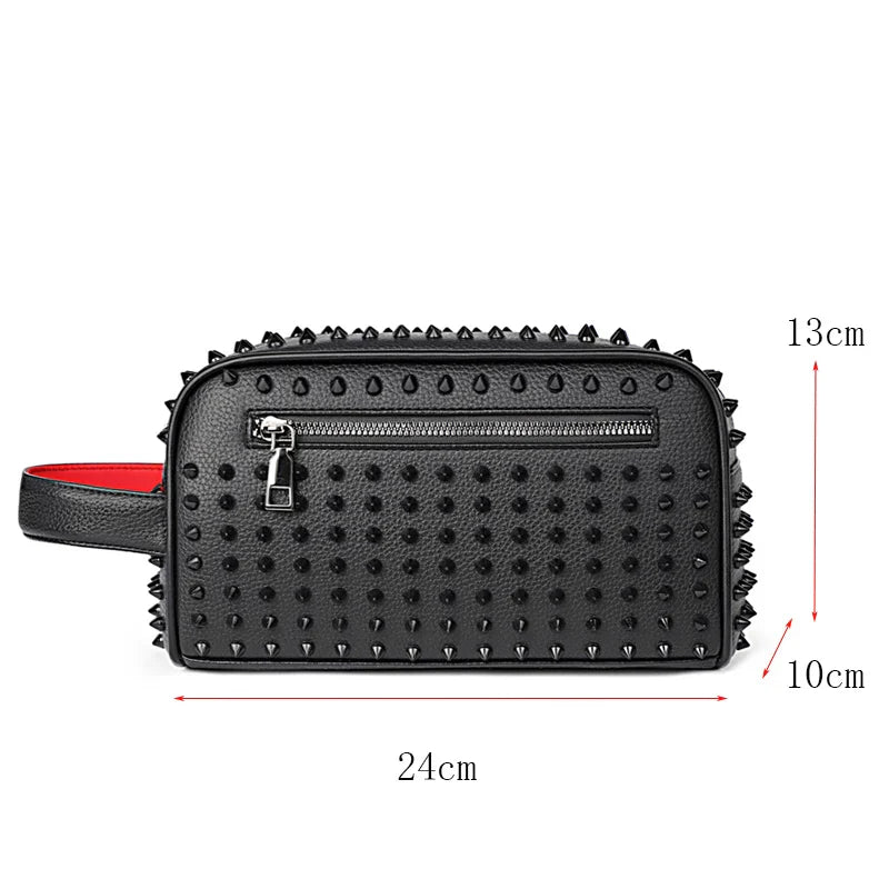 Black studded pouch with measurements on a white background