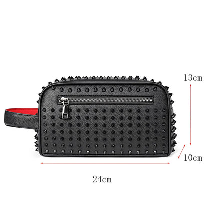 Black studded pouch with measurements on a white background