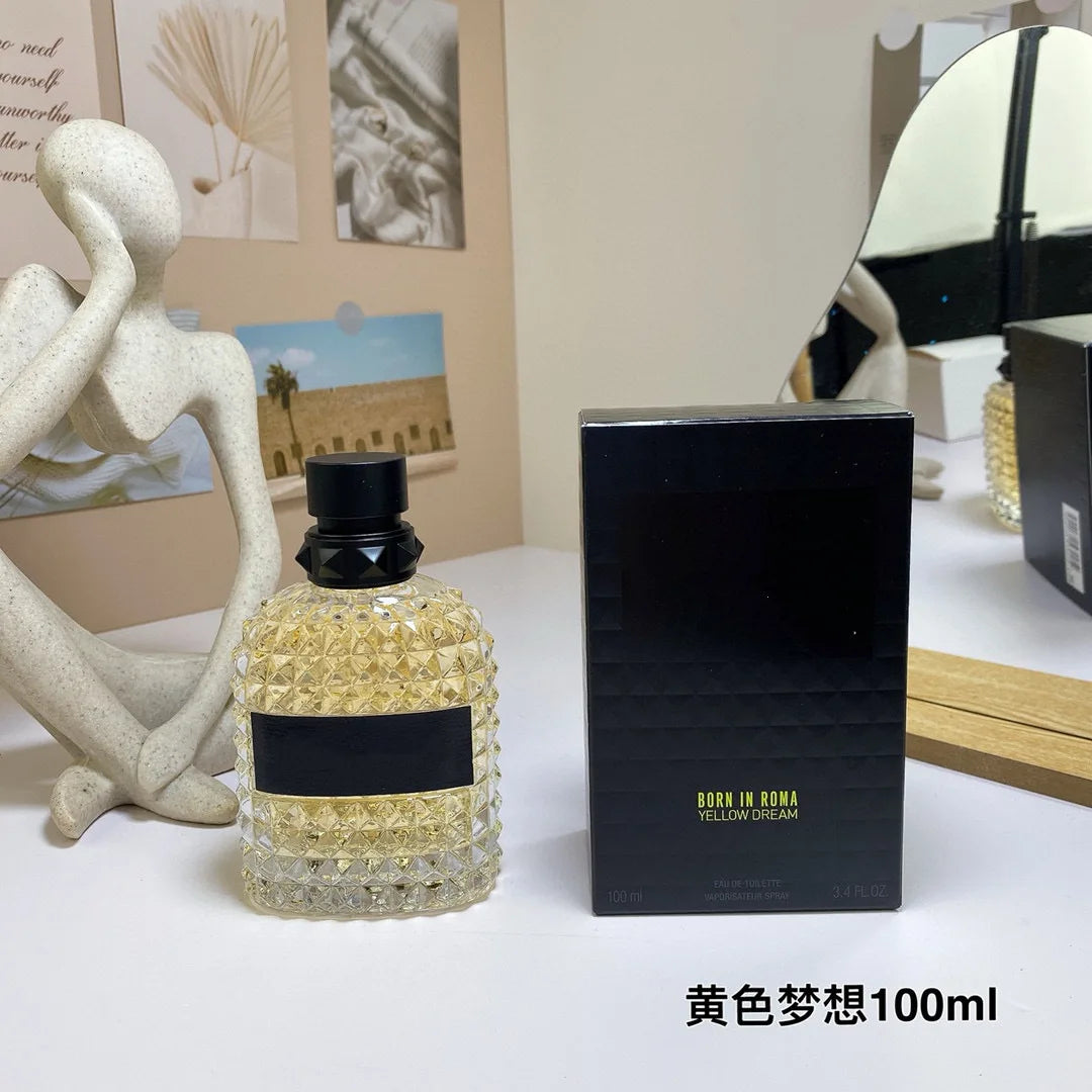 Valentino Perfume bottle and packaging on a surface with decorative items in the background
