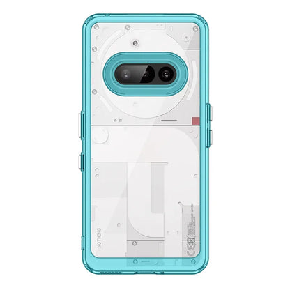 Clear phone case with blue accent on a white background