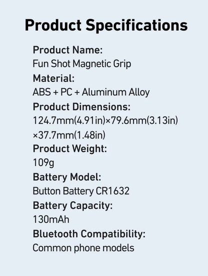 Product specifications for Fun Shot Magnetic Grip on a white background