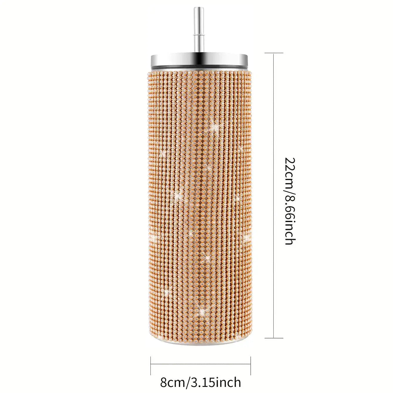 Tumbler with beaded design and measurements on a white background