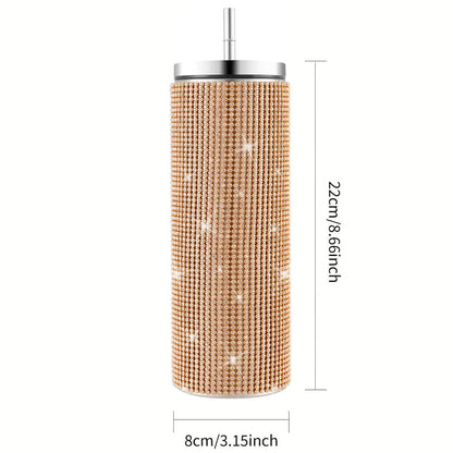 Tumbler with beaded design and measurements on a white background