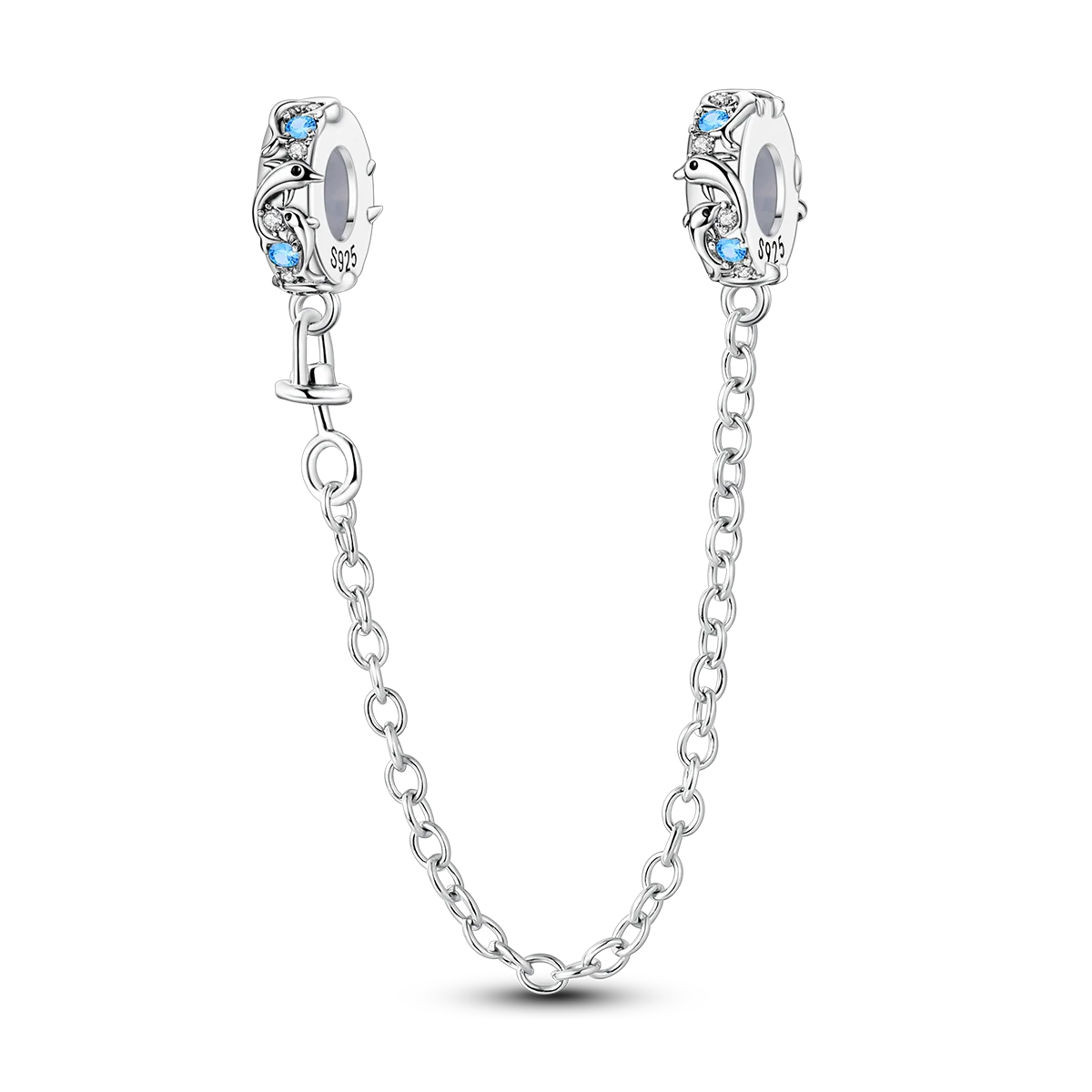pandora sea collection saftey chain with dolphins and light blue crystals sterling silver 