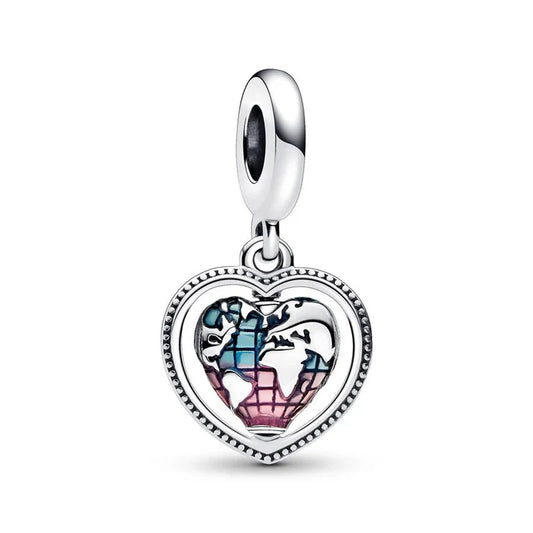 Heart-shaped silver charm with colorful design on a white background