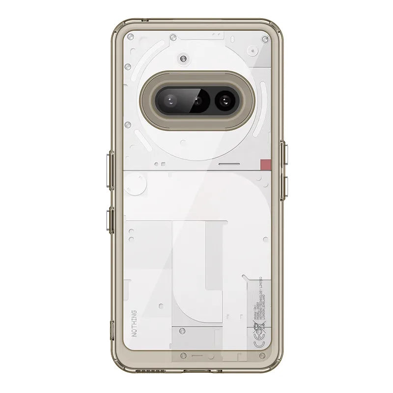 Clear phone case with visible internal components on a white background