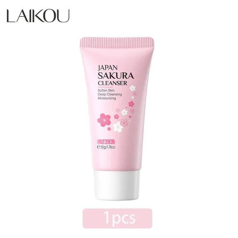 Pink tube of LAIKOU Japan Sakura Cleanser on a white background
