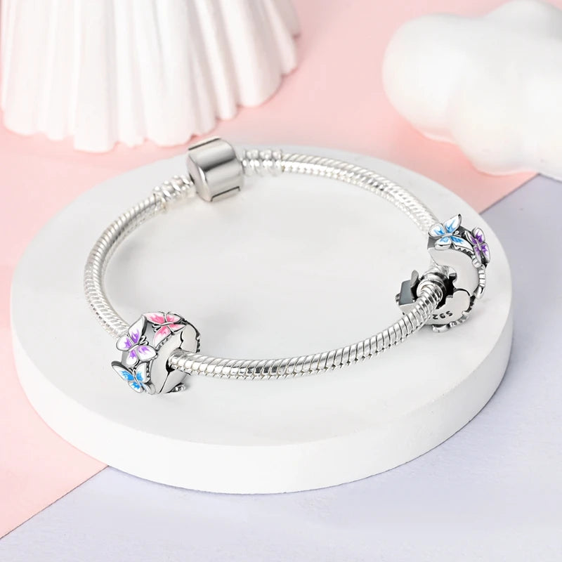925 Sterling Silver Pink Charms Bead Butterfly Fairy Elephant Fox Pendants Pure Ember