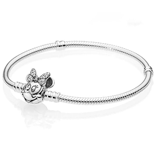 Disney Minnie Mouse Silver bracelet with a rose charm on a white background