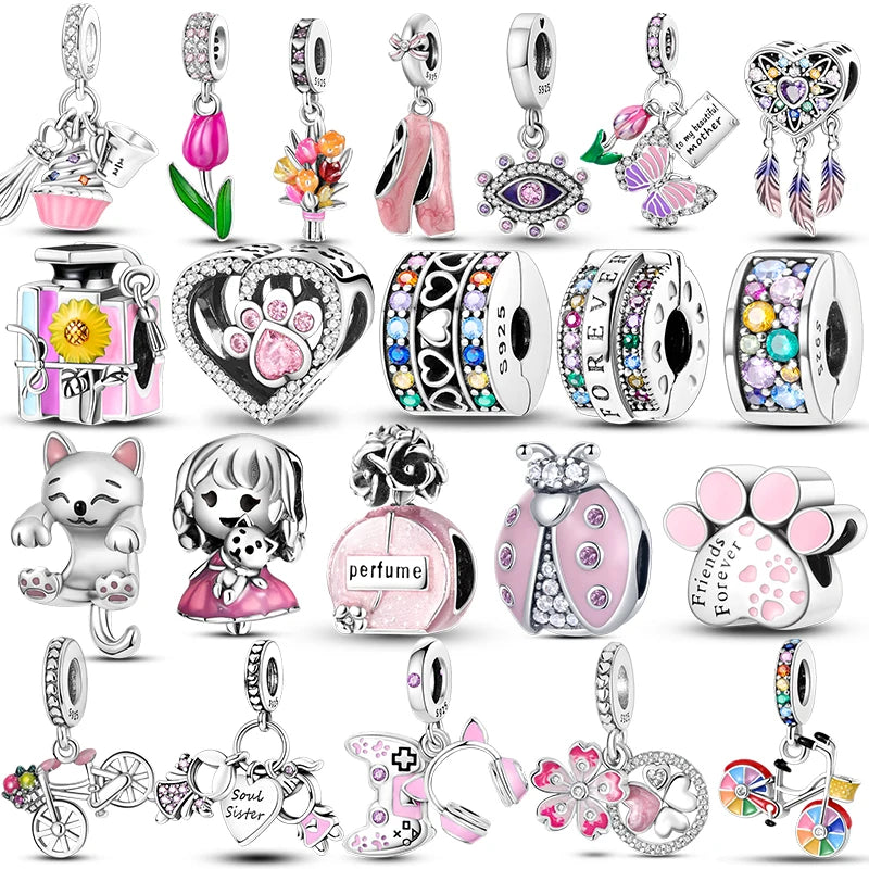 925 Sterling Silver Pink Series Colour Charms Beads Cut Girl Flower Pendant
