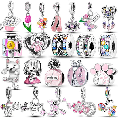 925 Sterling Silver Pink Series Colour Charms Beads Cut Girl Flower Pendant
