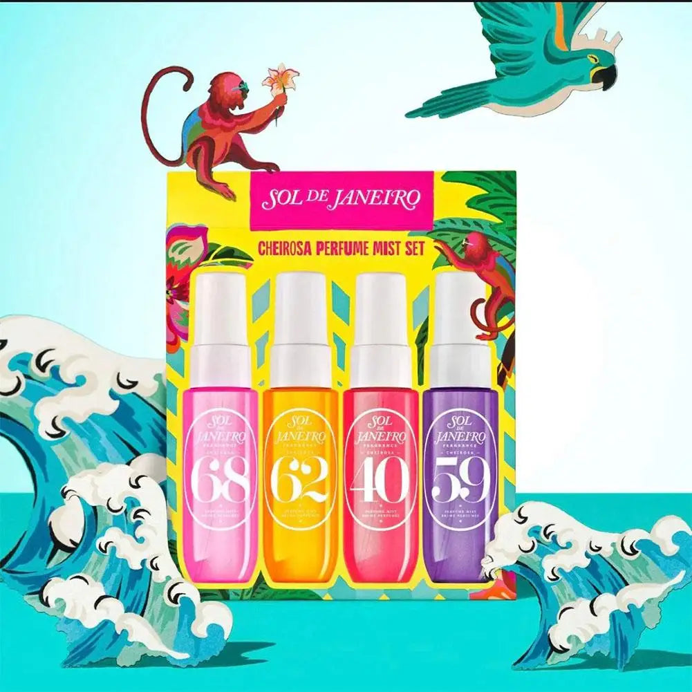 Set of Sol de Janeiro cheirosa perfume mist bottles with colorful packaging and parrot illustration.