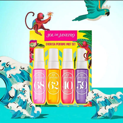 Set of Sol de Janeiro cheirosa perfume mist bottles with colorful packaging and parrot illustration.