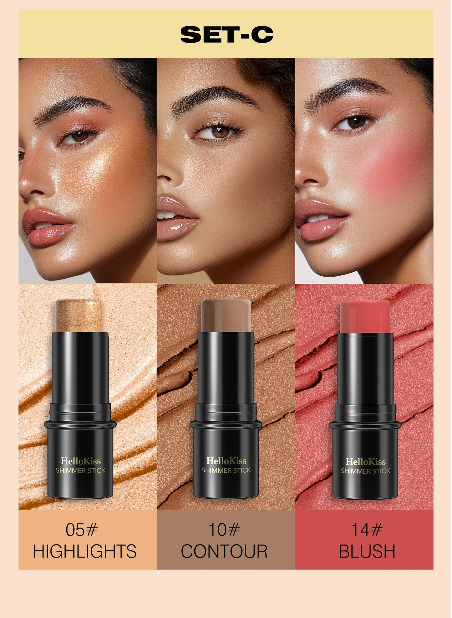 4pcs Contour Stick, Highlighter Stick, Blush Stick 4pcs Cream Contour Kit with Contour Brush, Contour, Non-greasy Pure Ember