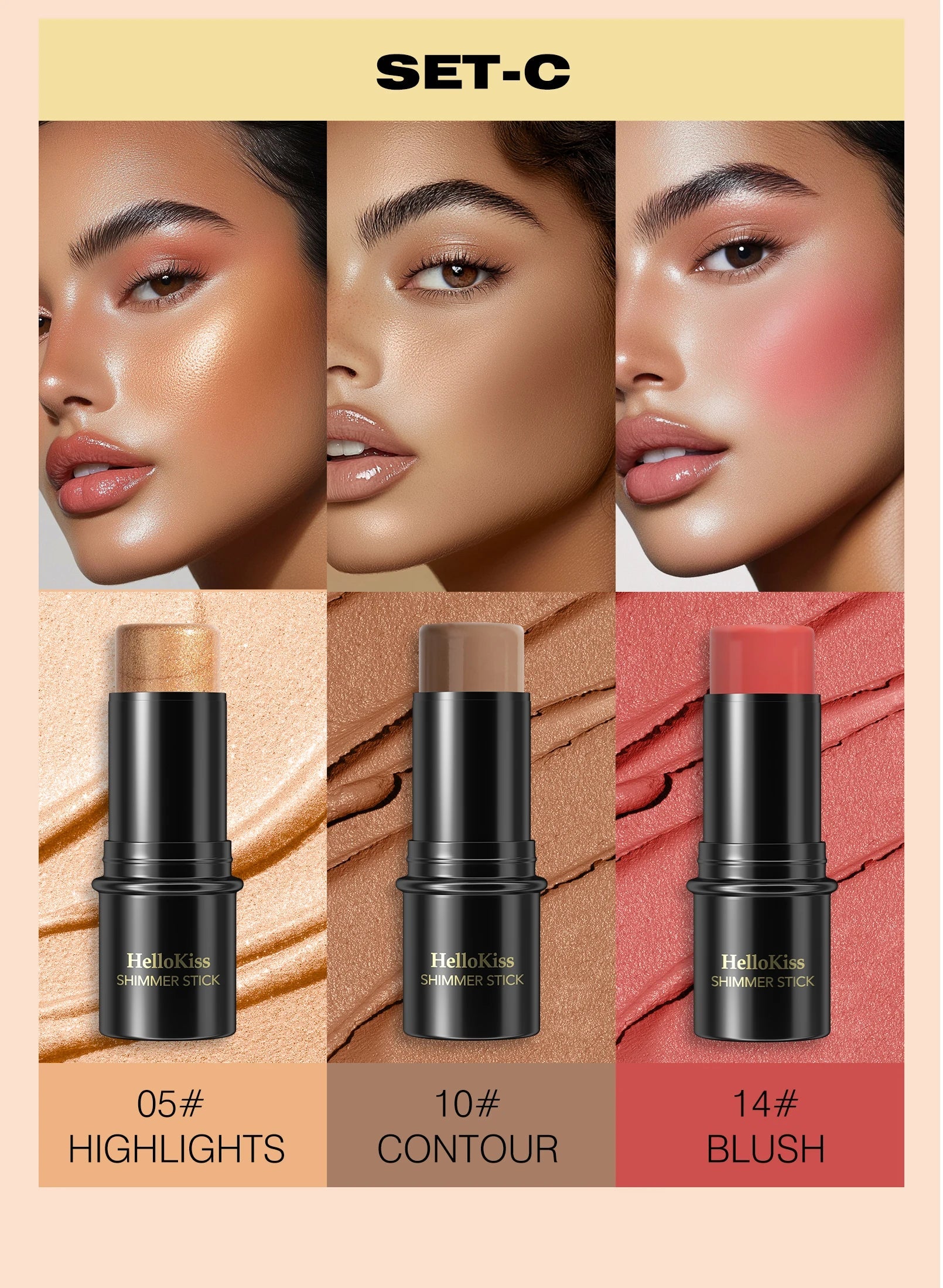 4pcs Contour Stick, Highlighter Stick, Blush Stick 4pcs Cream Contour Kit with Contour Brush, Contour, Non-greasy Pure Ember