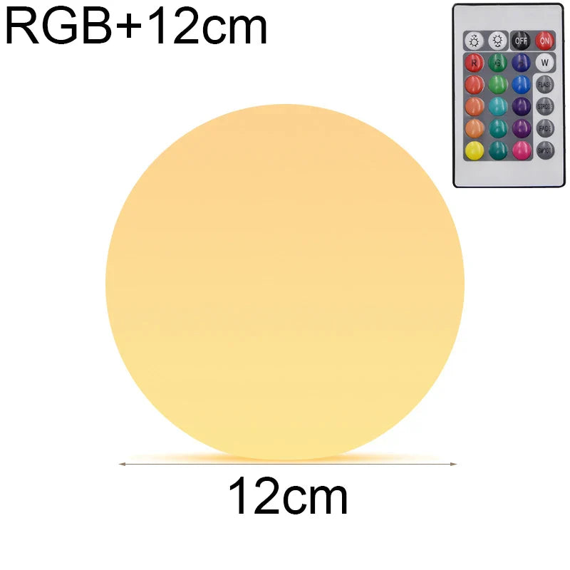 Round light bulb with RGB+12cm text and remote control on a white background