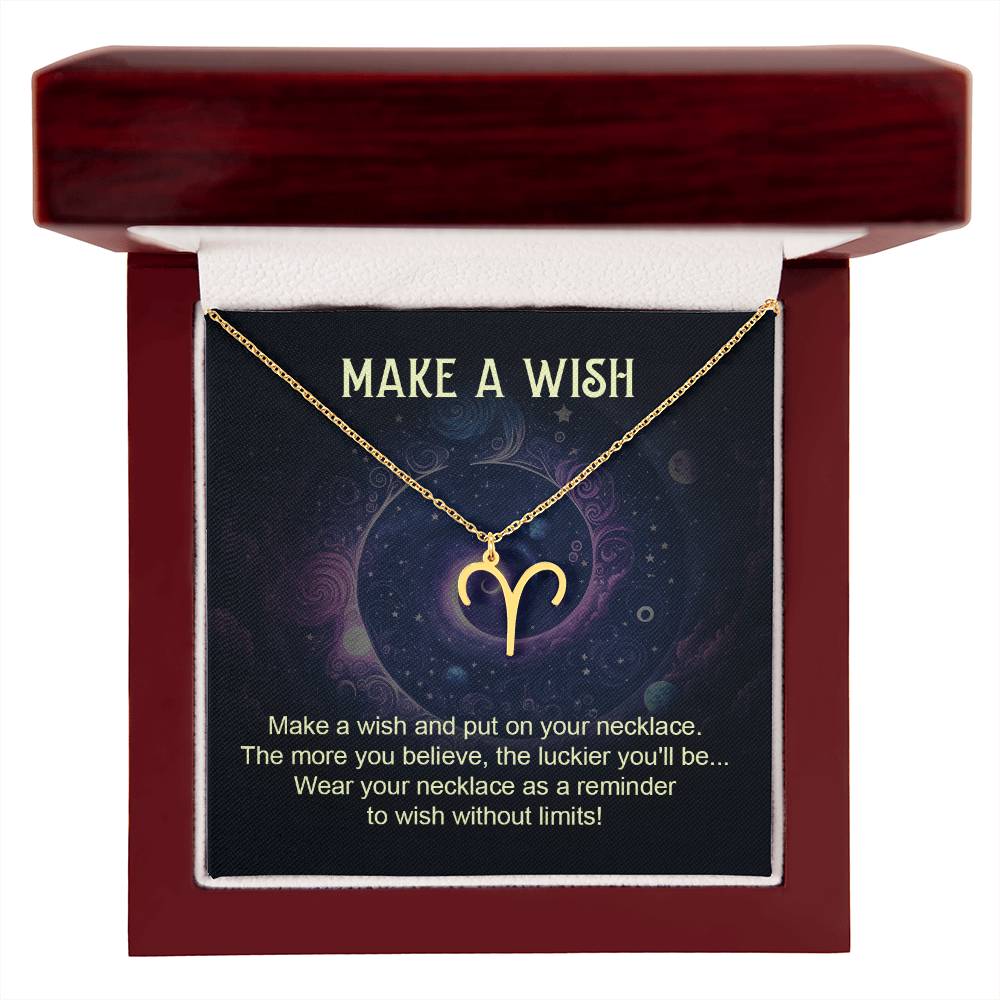 gold plated aries zodiac pendant necklace in lux wooden box make a wish message card gift