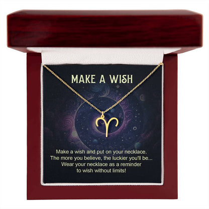 gold plated aries zodiac pendant necklace in lux wooden box make a wish message card gift