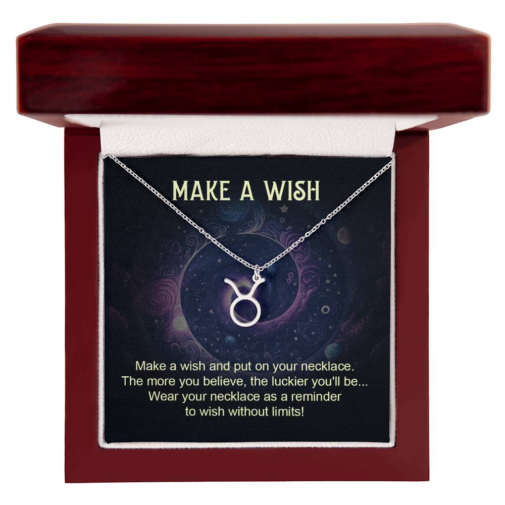 taurus zodiac pendant necklace gold with make a wish message card in lux wooden box gift