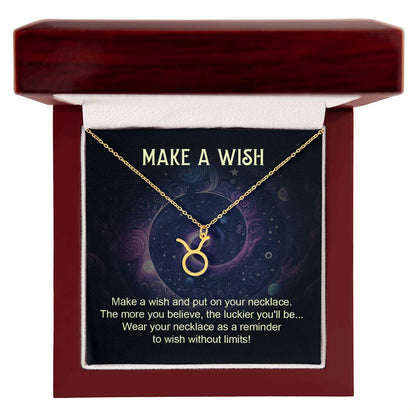  zodiac pendant necklace gold with make a wish message card in lux wooden box gift tarus