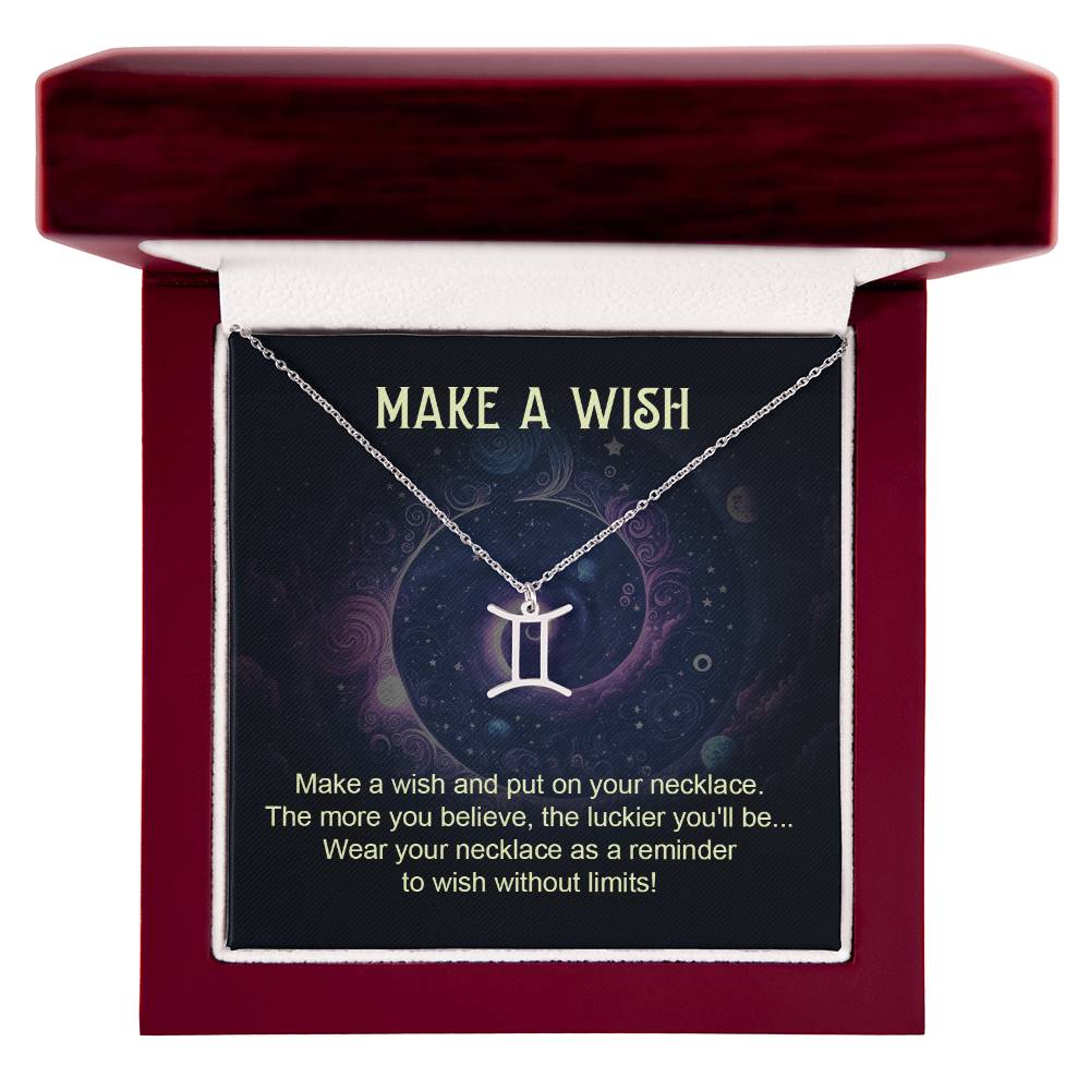 gemini zodiac pendant necklace silver with make a wish message card in lux wooden box gift