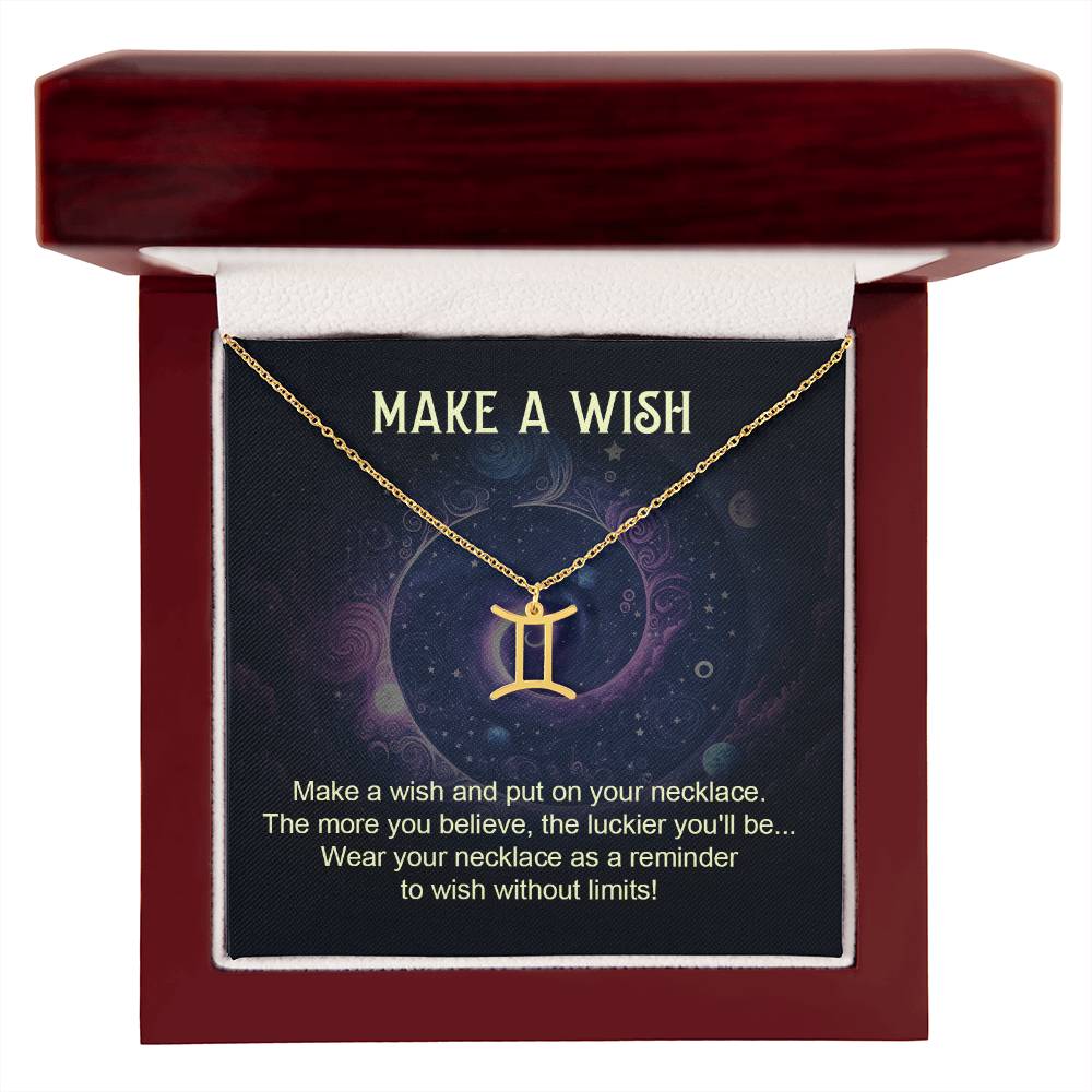 gemini zodiac pendant necklace gold with make a wish message card in lux wooden box gift