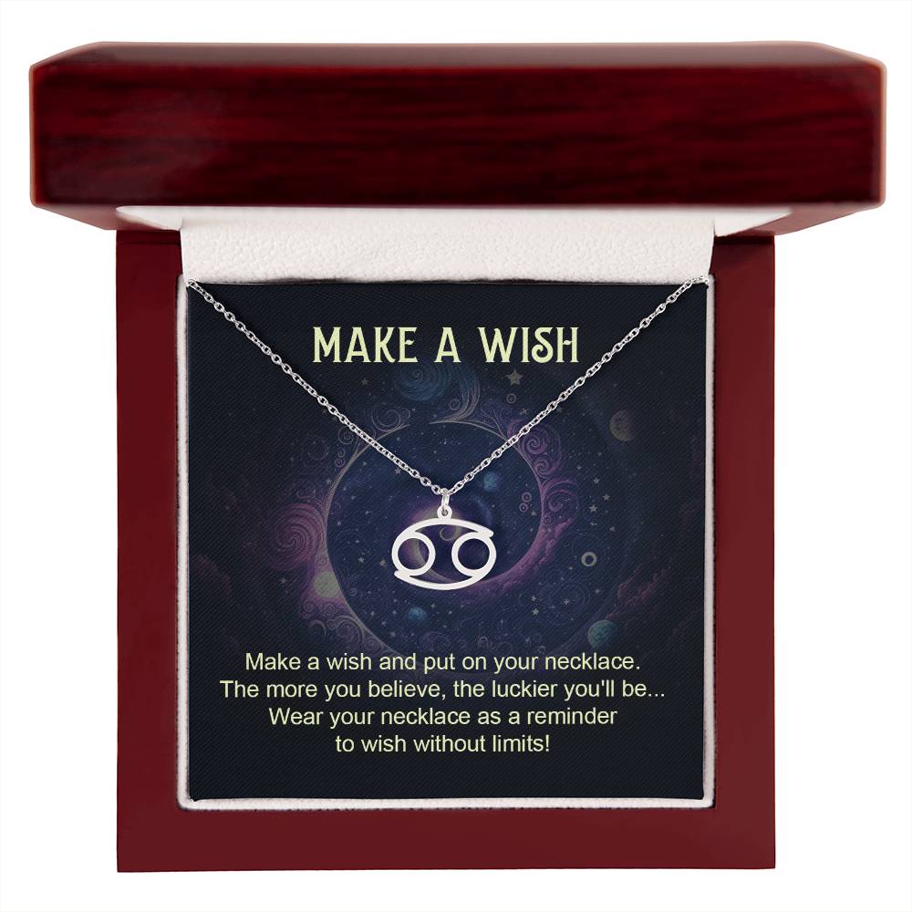 cancer zodiac pendant necklace silver with make a wish message card in lux wooden box gift