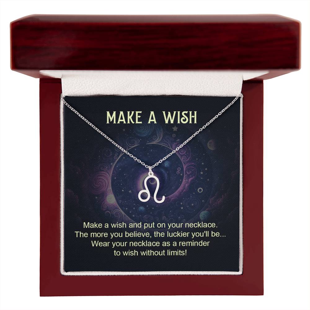 leo zodiac pendant necklace silver with make a wish message card in lux wooden box gift