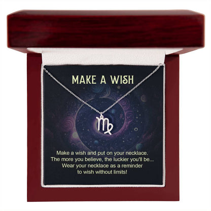 virgo zodiac pendant necklace silver with make a wish message card in lux wooden box gift