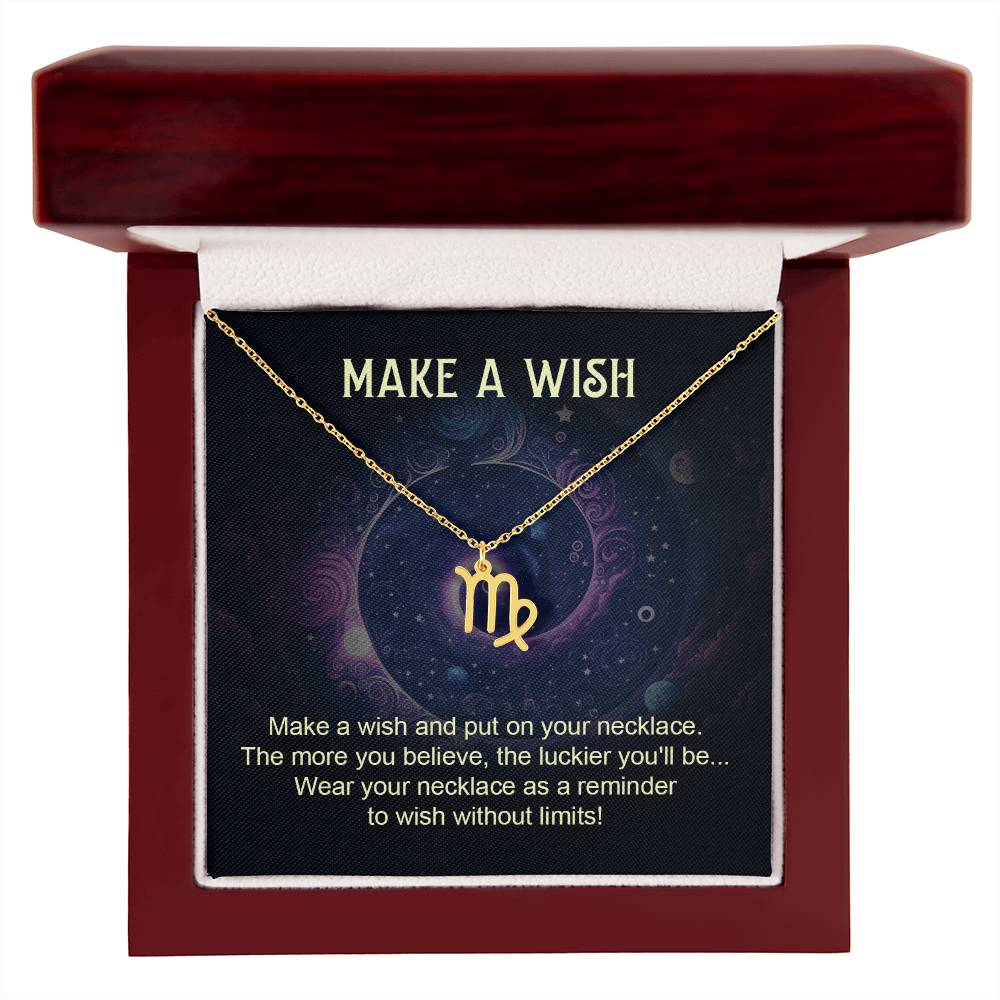 virgo zodiac pendant necklace gold with make a wish message card in lux wooden box gift