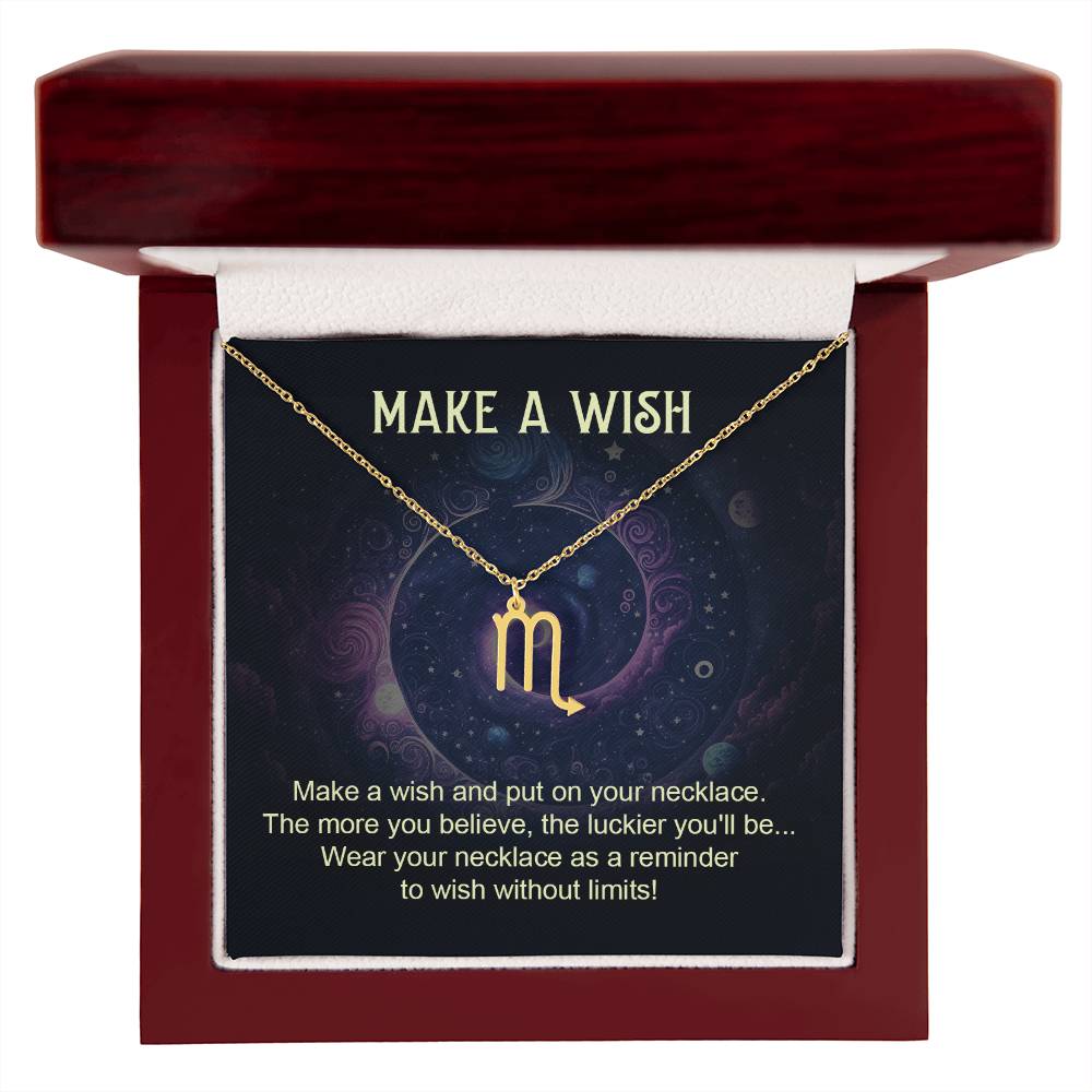 scorpio zodiac pendant necklace gold with make a wish message card in lux wooden box gift