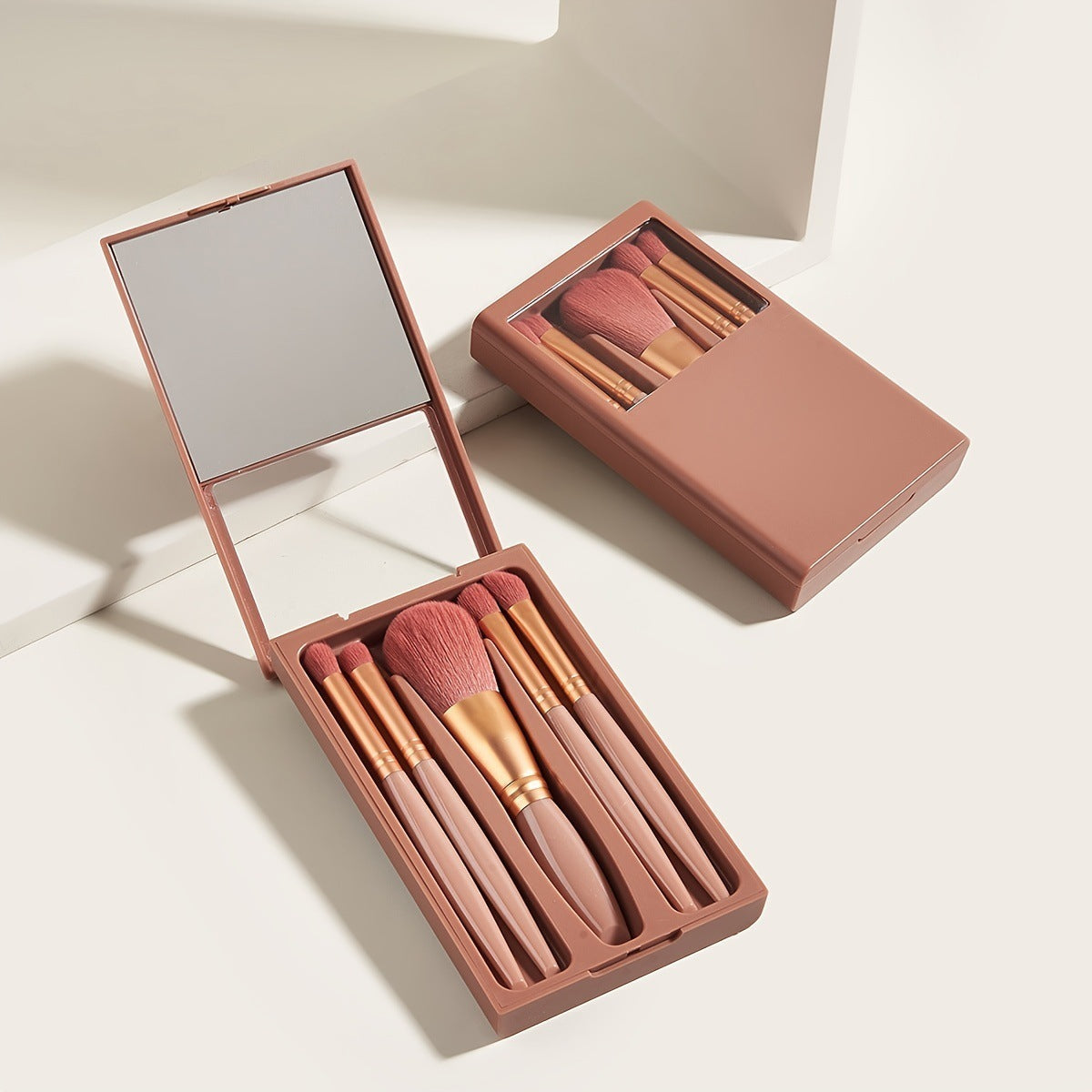 5 PCs Makeup Brushes With Mirror Travel Set Pure Ember